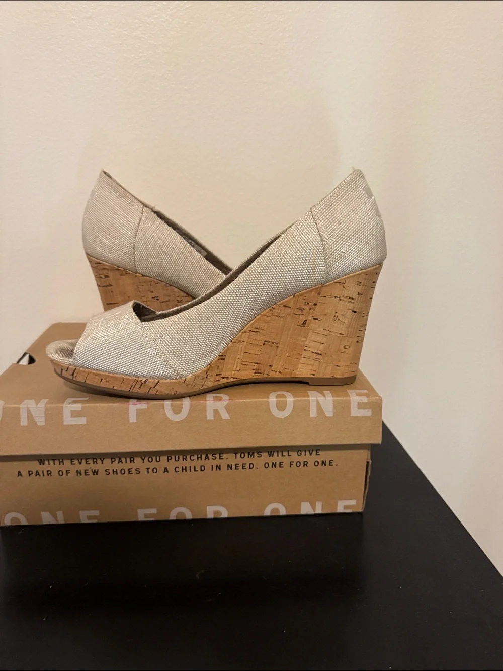 TOMS Natural Linen Cork Wedge Peep-Toe Heels
